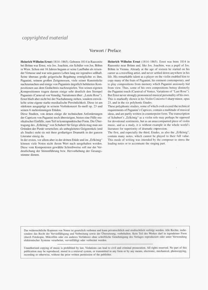 Ernst, Heinrich Wilhelm - Six Polyphonic Studies - Violin solo - edited by Franz Schmidtner - published by Sikorski Musikverlage