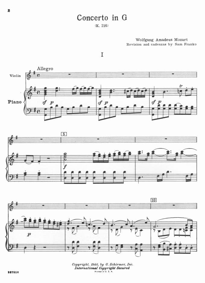 Mozart, WA - Concerto No 3 in G Major, K 216 - Violin and Piano - edited by Sam Franko - G Schirmer Edition