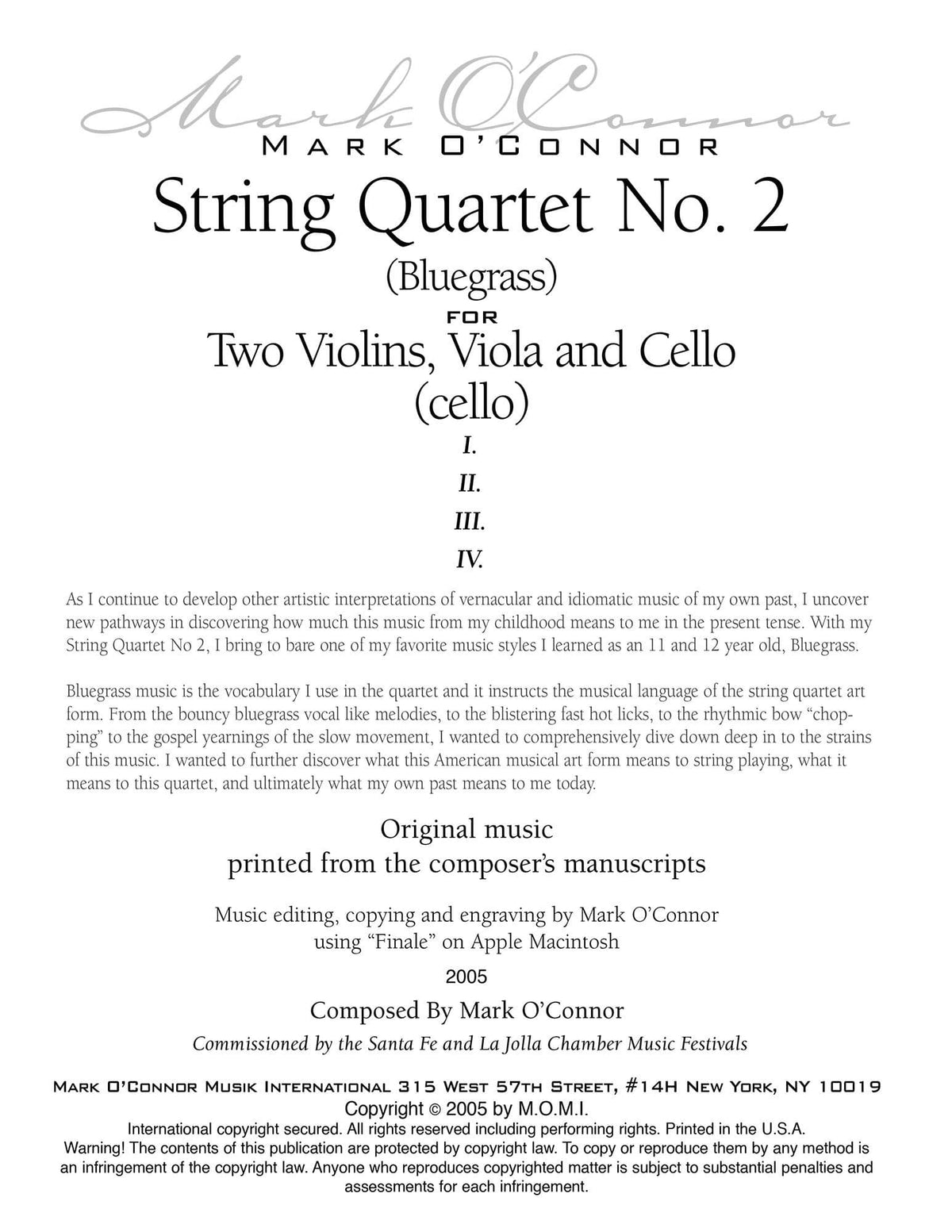 O'Connor, Mark - String Quartet No. 2 (Bluegrass) for 2 Violins, Viola, and Cello - Cello - Digital Download