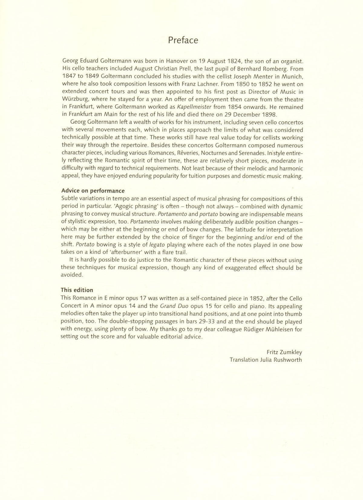 Goltermann, Georg - Romanze, Opus 17 - for Cello and Piano - edited by Fritz Zumkley - Edition Schott