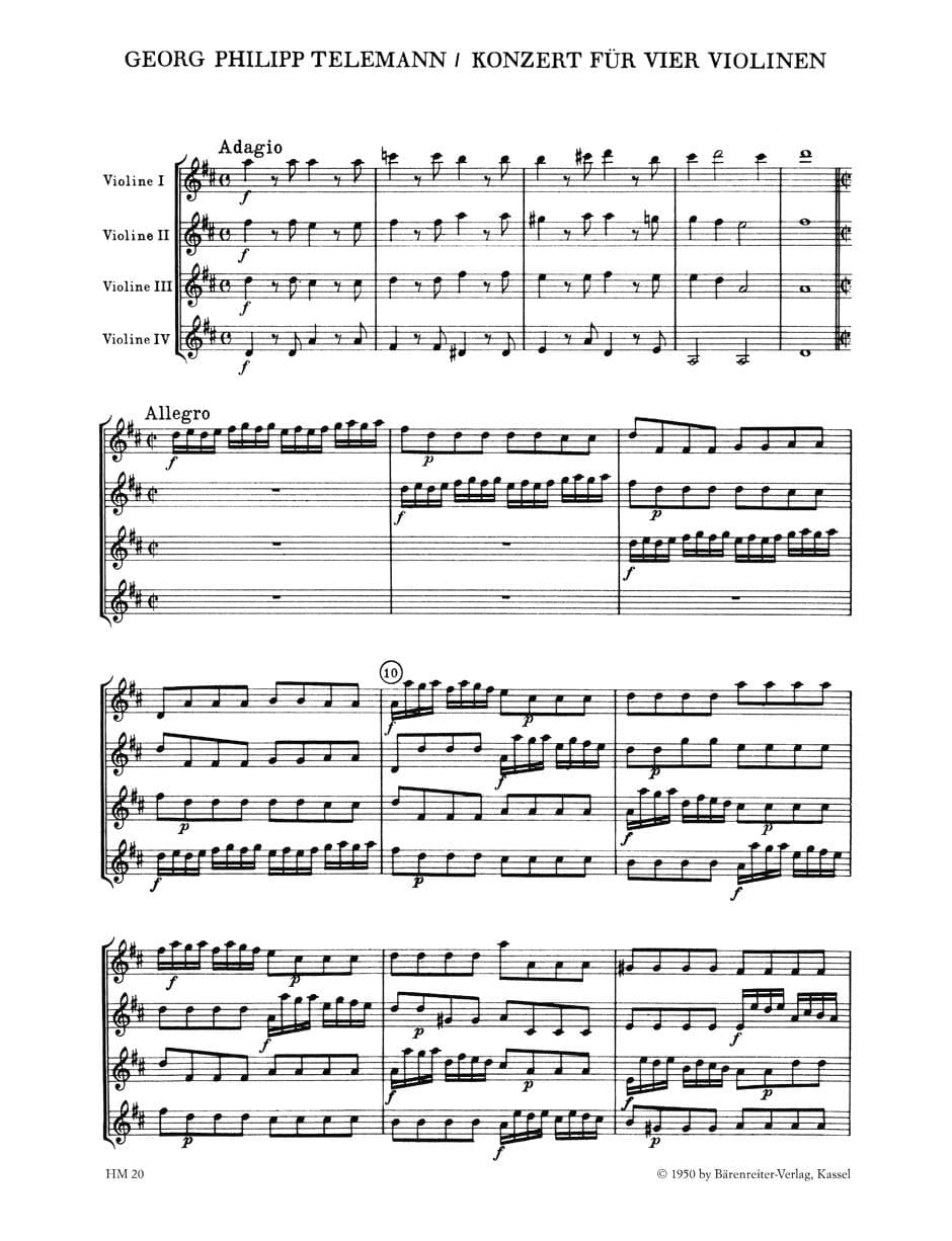 Telemann, Georg Philipp - Concerto in D Major, TWV 40:202 - for Four Violins - Barenreiter URTEXT