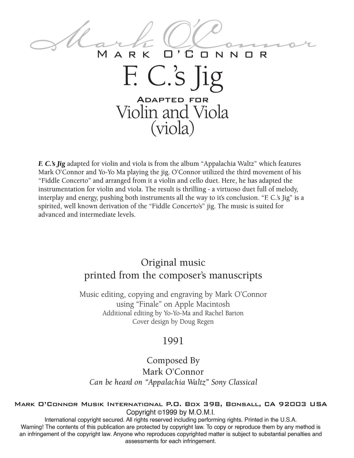 O'Connor, Mark - F.C.'s Jig for Violin and Viola - Viola - Digital Download