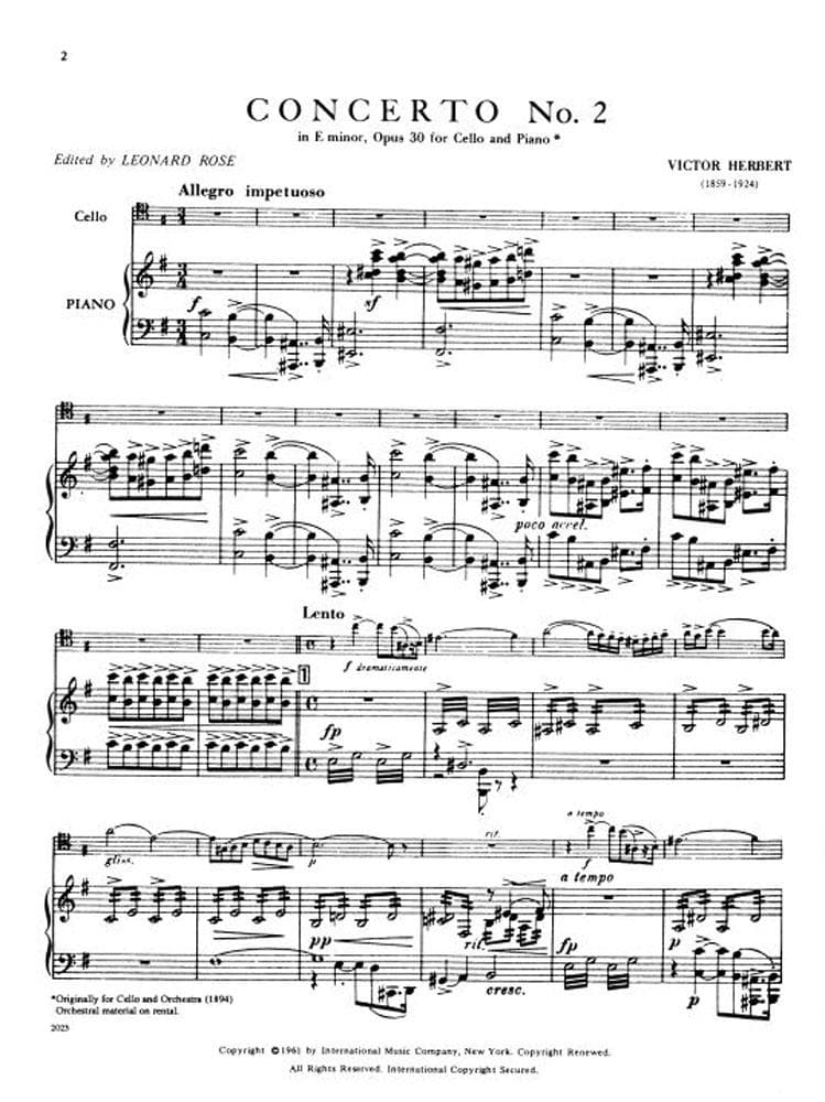 Herbert, Victor - Concerto No 2 in e minor, Op 30 - Cello and Piano - edited by Leonard Rose - International Edition