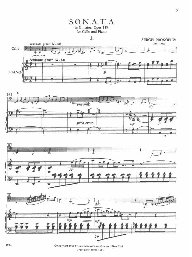 Prokofiev, Sergey - Cello Sonata in C Major, Op 119 - for Cello and Piano - edited by Rostropovich - International Music Company