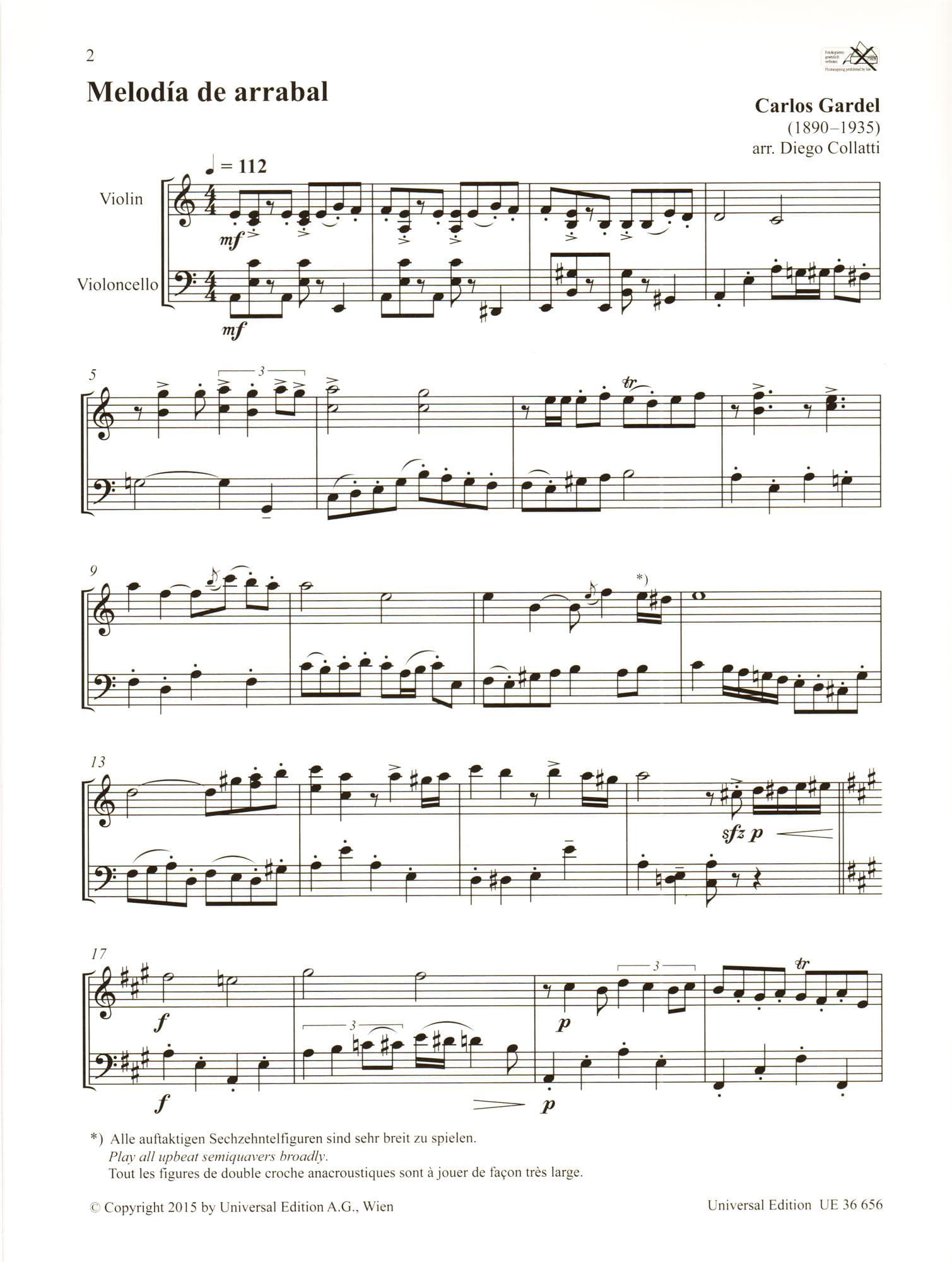 Carlos Gardel - Tango Duets - for Violin and Cello (or Viola) - arranged by Diego Collatti - Universal Edition