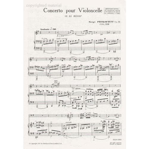Prokofiev, Serge - Concerto in e minor, Op 58 For Cello and Piano Published by Boosey & Hawkes