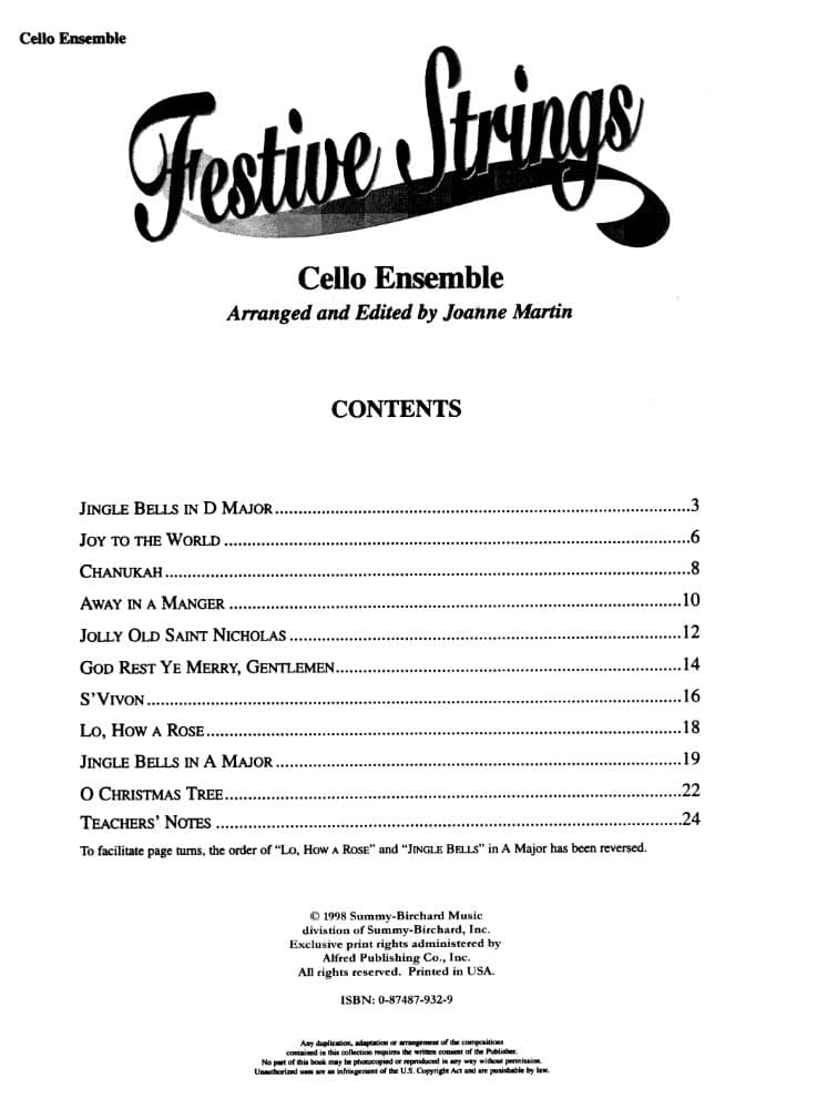 Martin, Joanne - Festive Strings for Cello Ensemble - Four Cellos - Alfred Music Publishing