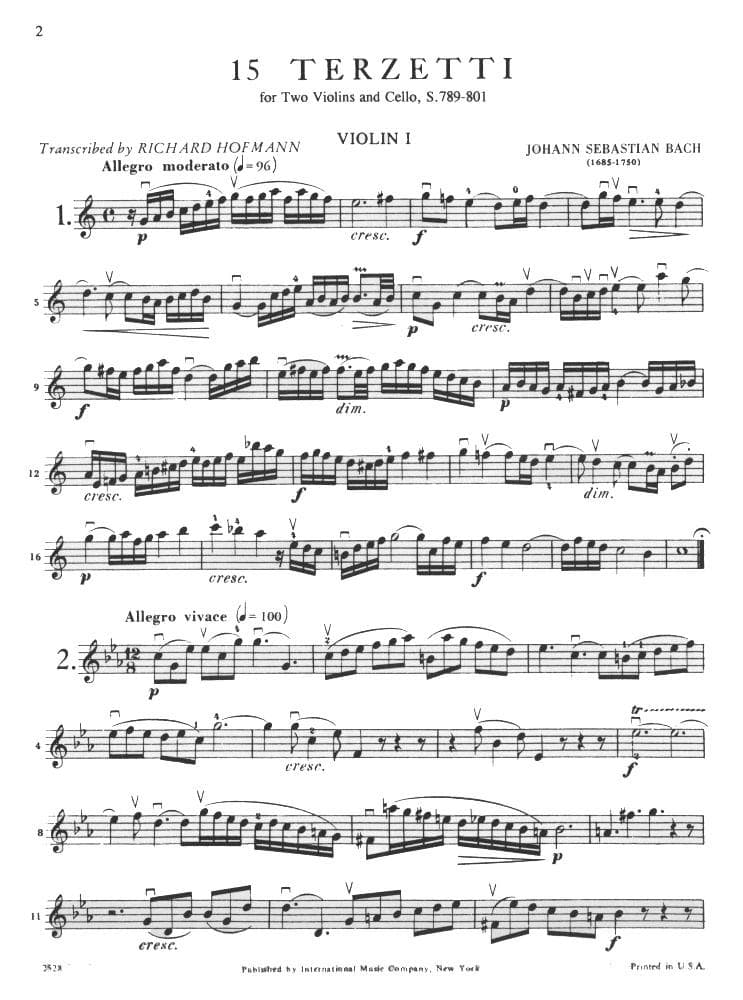 Bach, JS - 15 Three Part Inventions BWV 787801 for Two Violins and Cello - Arranged by Hofmann - International Edition