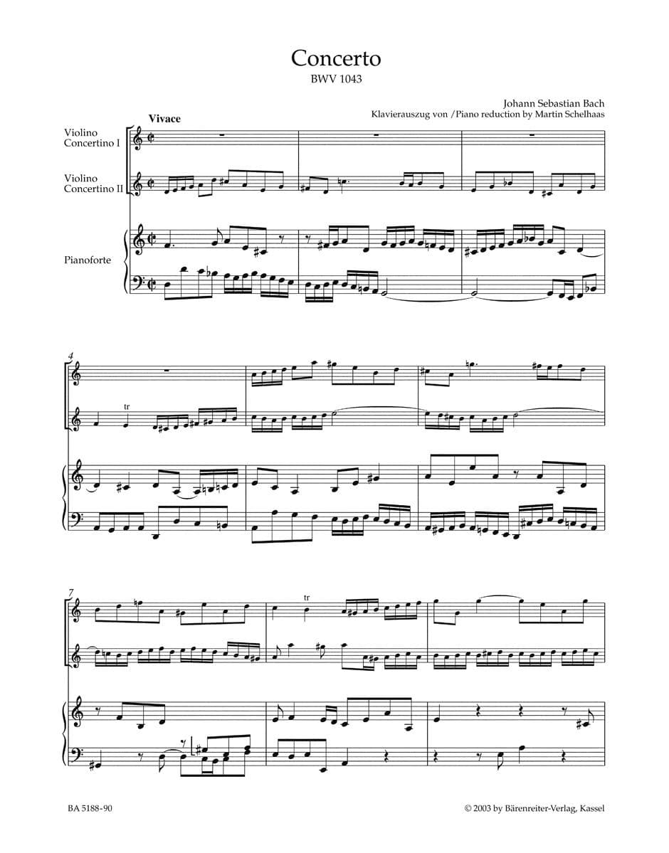Bach, JS - Double Concerto in d minor, BWV 1043 - Two Violins and Piano - edited by Kilian - Bärenreiter Verlag URTEXT