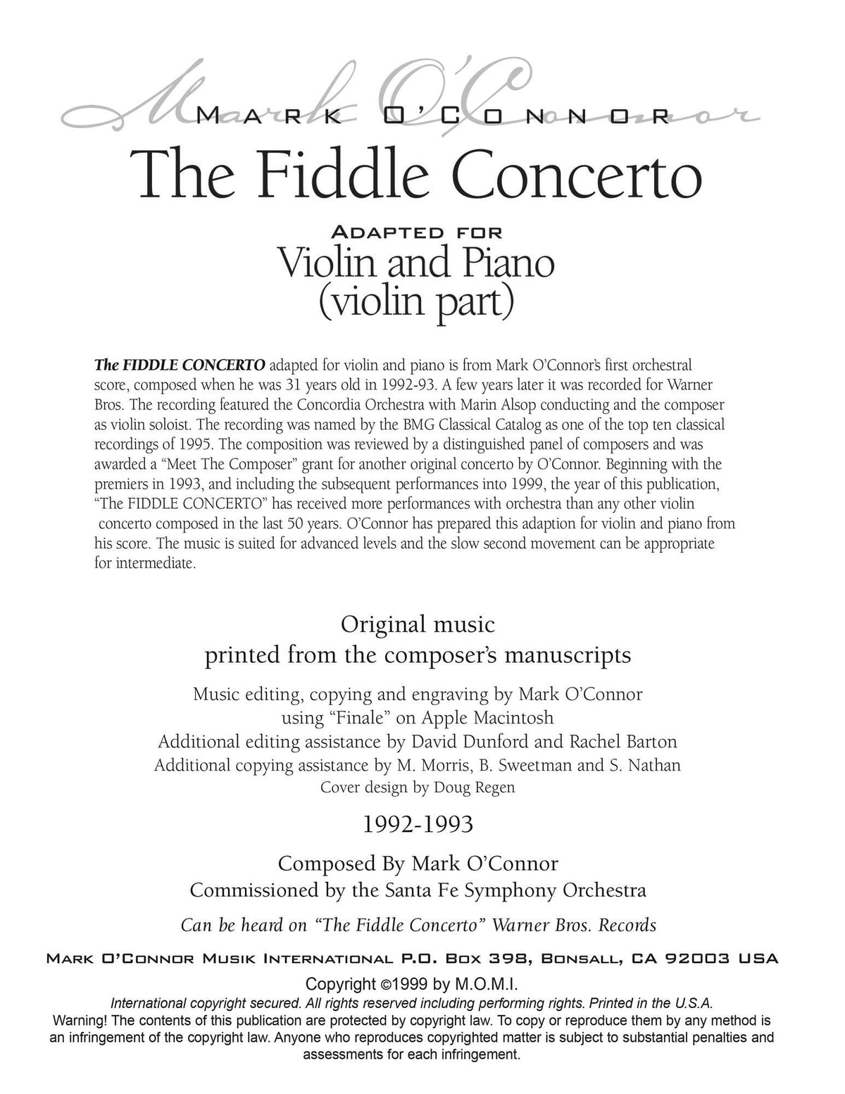 O'Connor, Mark - The FIDDLE CONCERTO for Violin and Piano - Violin - Digital Download