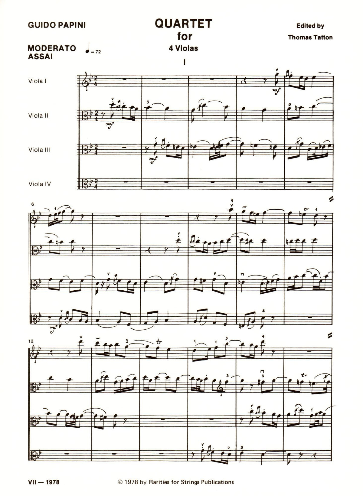 Papini, Guido - Quartet For Four Violas Score and Parts