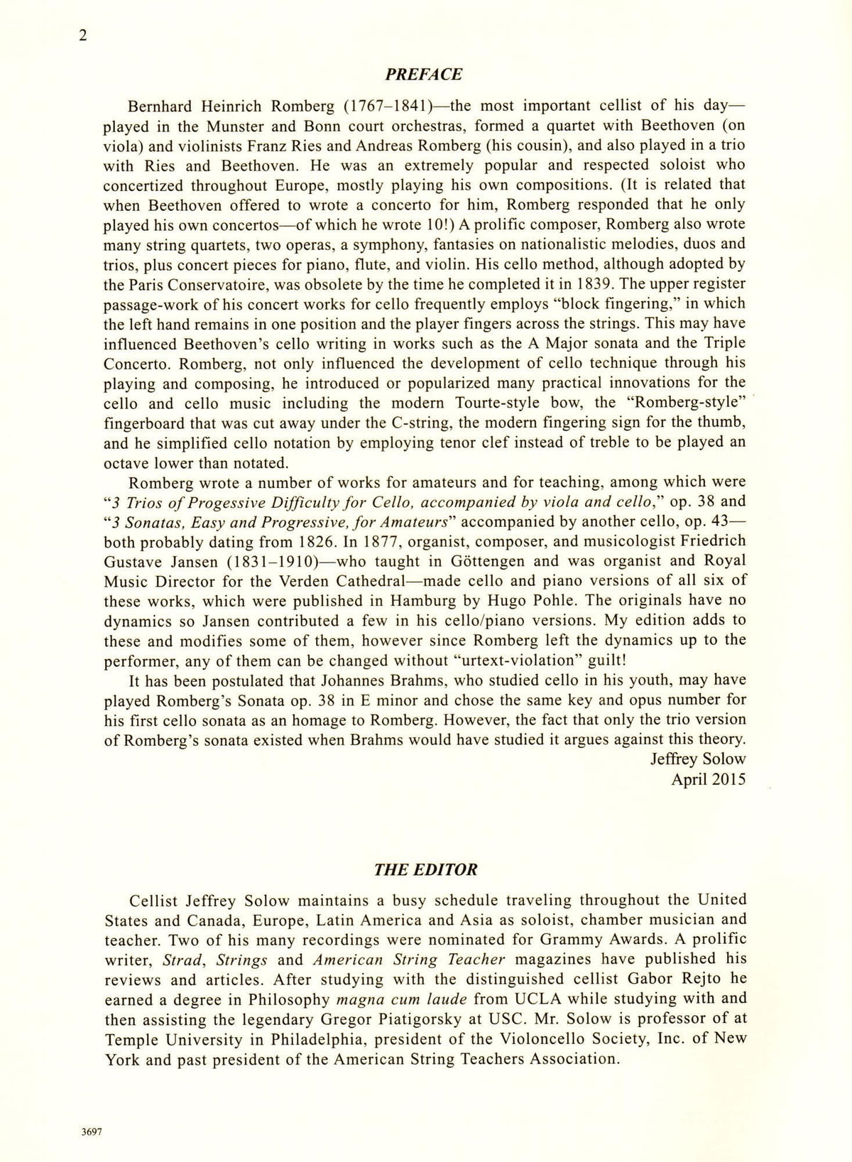 Romberg - Sonata In E Minor Op 38 No 1 - for Cello and Piano - edited by Jeffrey Solow - International Music Company