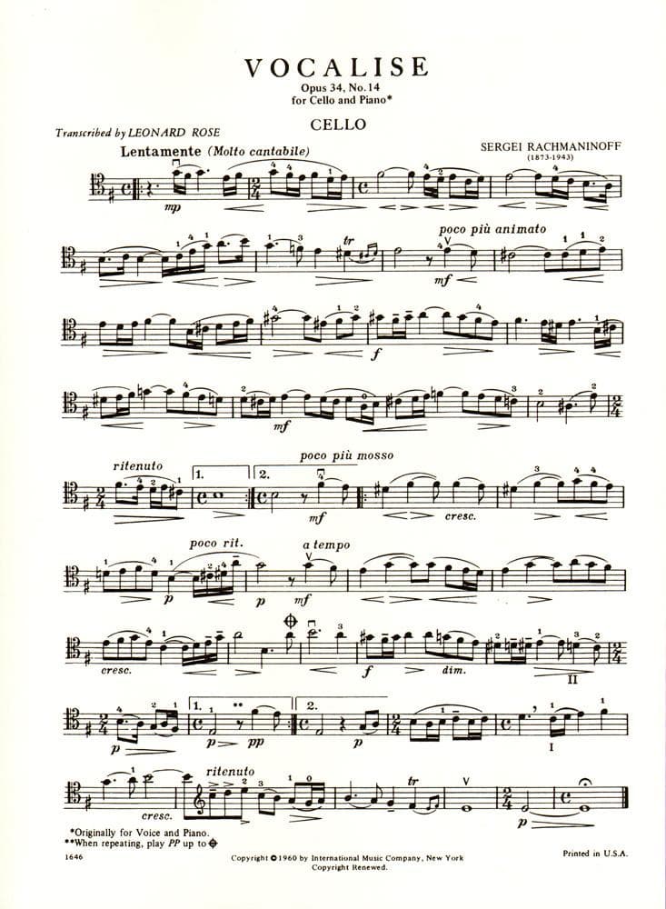 Rachmaninoff - Vocalise Op 34 No 14 For Cello Edited by Leonard Rose Published by International Music Company