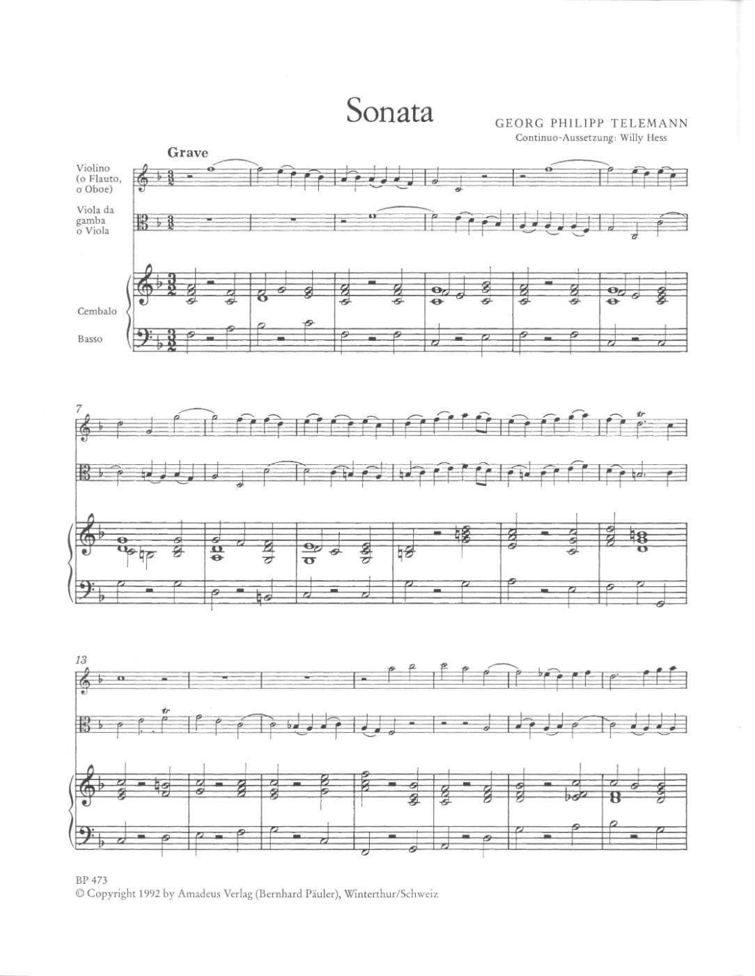 Telemann, Georg Phillip - Trio Sonata No 73 in F Major, TWV 42:F10 - for Violin, Viola, and Piano (Basso Continuo) - Aurea Amadeus