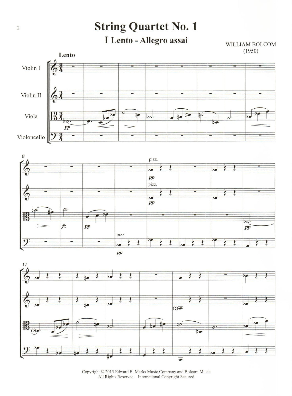 Bolcom, William - String Quartet No. 1 - Score and Parts - Edward B. Marks Music Company