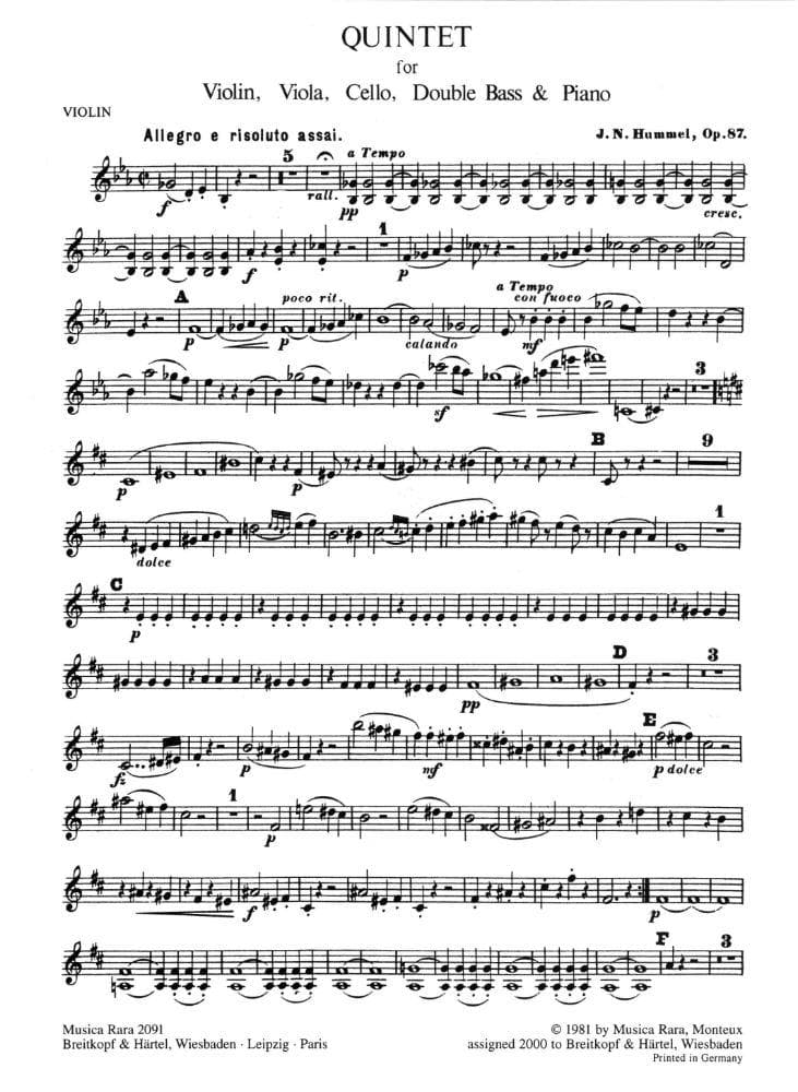 Hummel, Johann Nepomuk - Quintet, Op 87 - Violin, Viola, Cello, Bass, and Piano - Breitkopf & Härtel Edition
