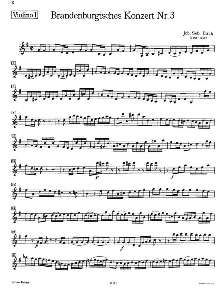 Bach, JS - Brandenburg Concerto No 3 BWV 1048 for 1st Violin - Peters Edition