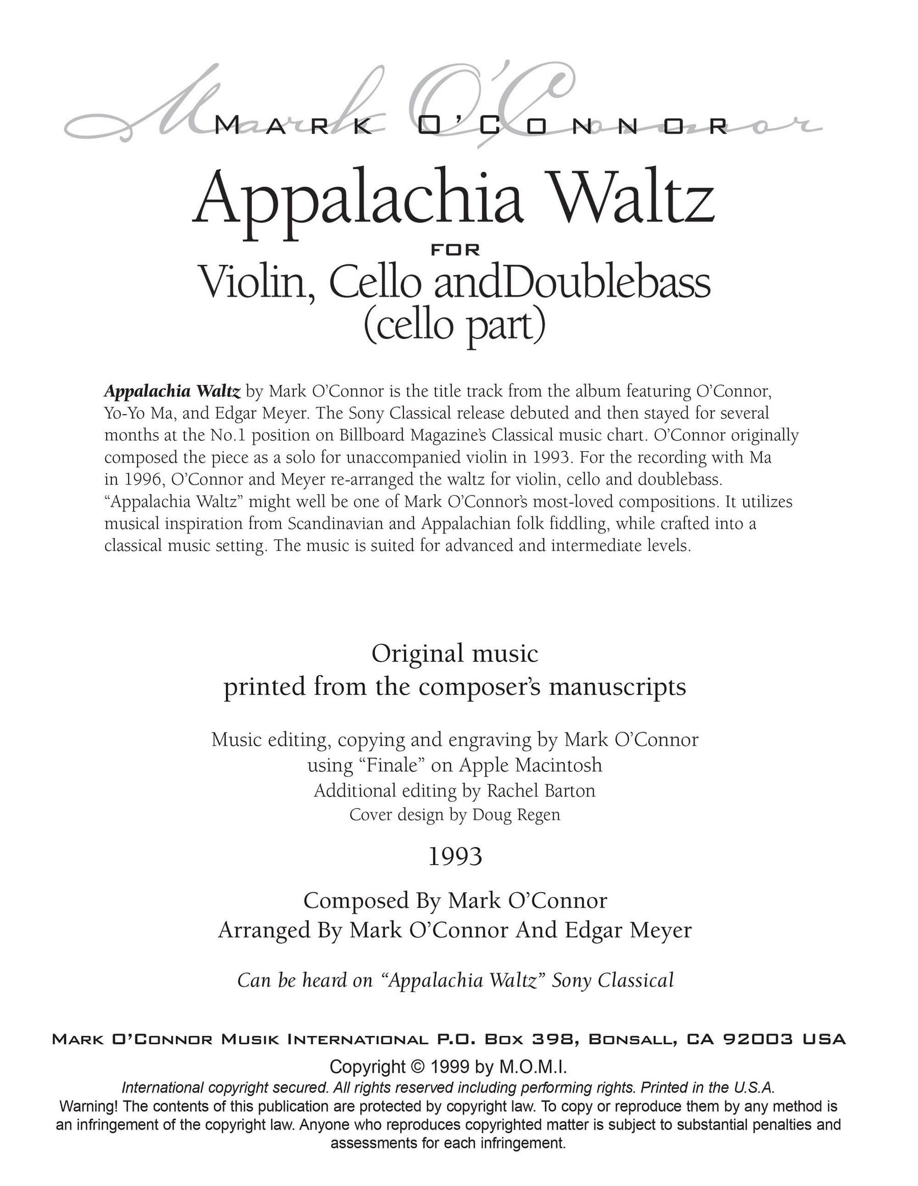 O'Connor, Mark - Appalachia Waltz for Violin, Cello, and Bass - Cello - Digital Download