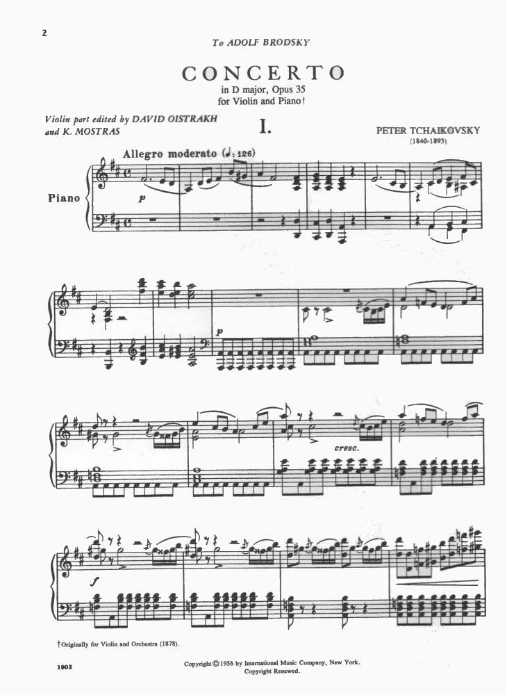 Tchaikovsky, PI - Violin Concerto in D Major, Op 35 - Violin and Piano - edited by David Oistrakh - International Music Company