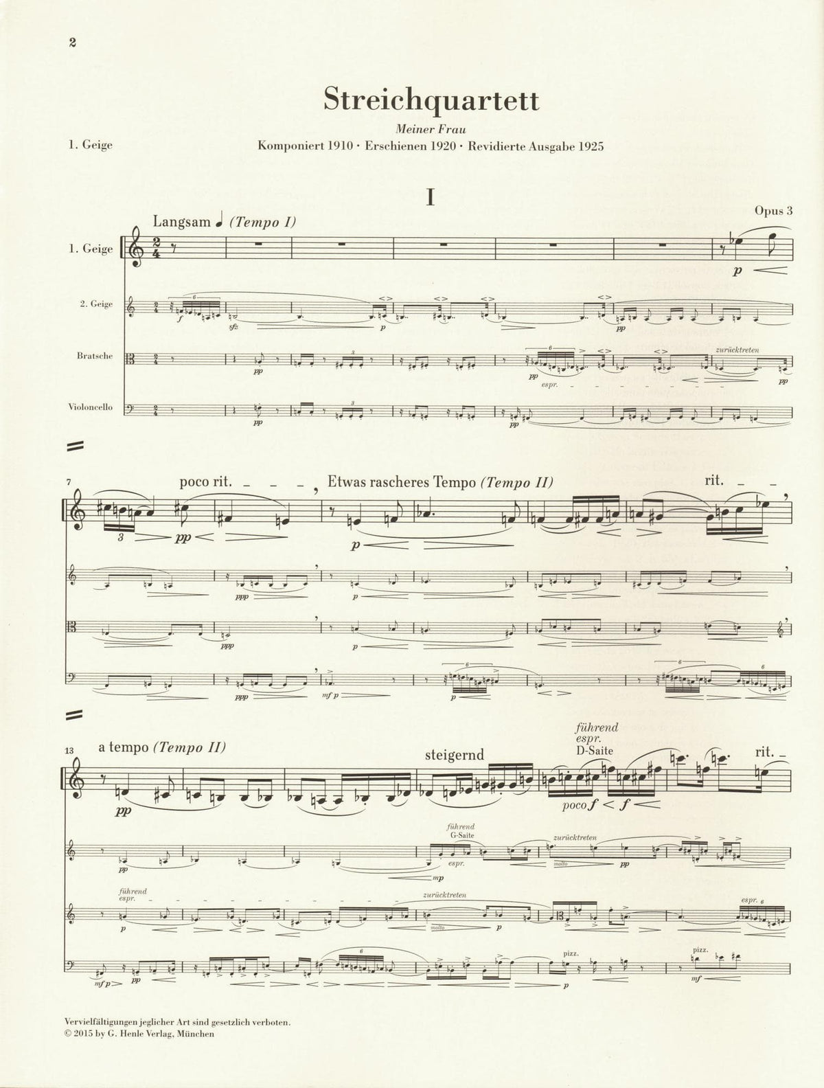 Berg, Alban - String Quartet, Op. 3 - with Parts in Score Form - edited by Ulrich Scheideler - G. Henle Verlag URTEXT