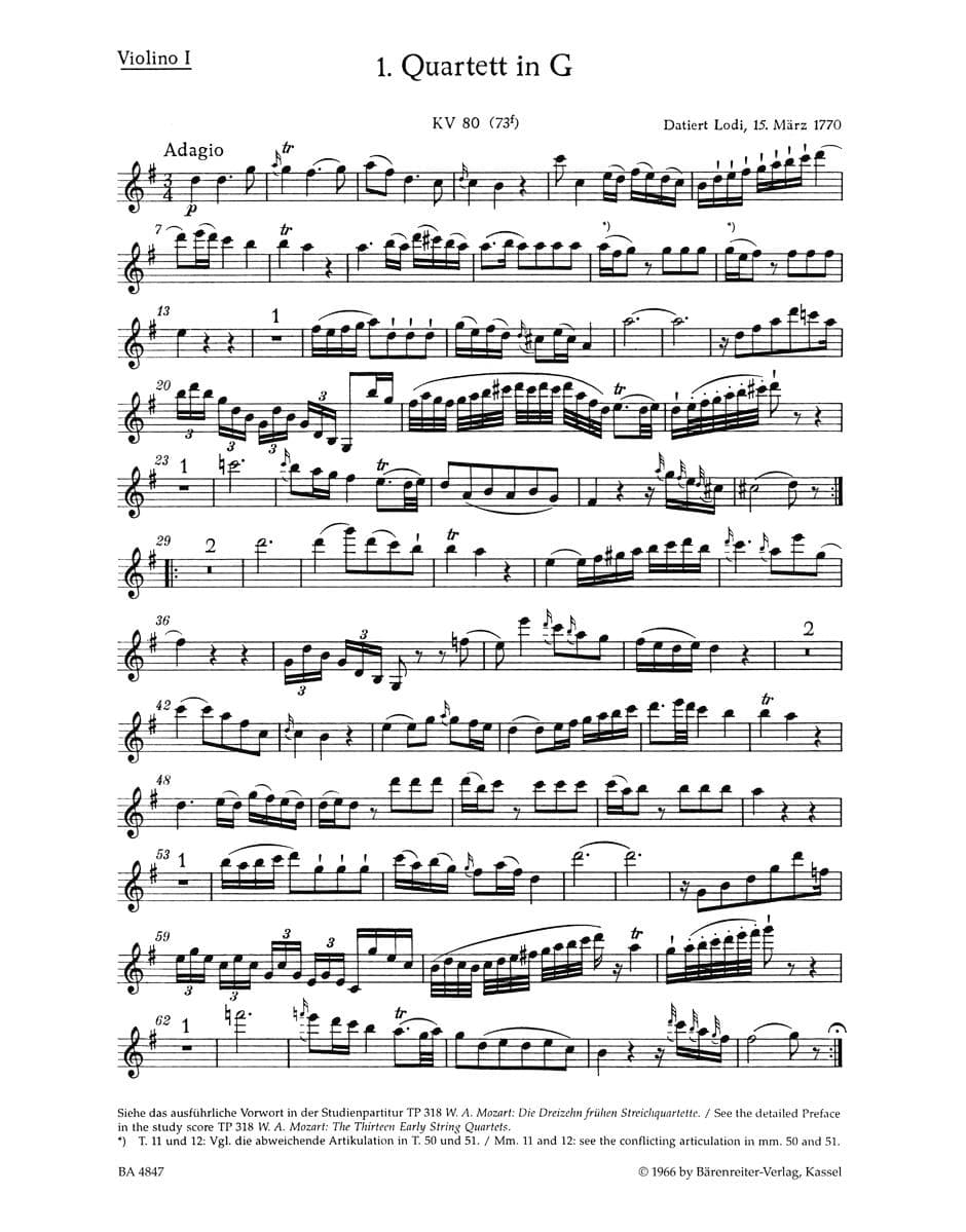 Mozart, WA - 13 Early String Quartets, Volume 1: Nos 1-4 (K 80, 155-157) - Two Violins, Viola, and Cello - Bärenreiter Verlag URTEXT