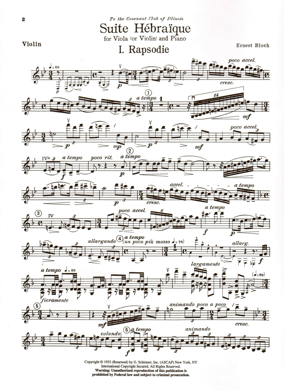 Bloch, Ernest - Suite Hebraique - Viola (or Violin) and Piano - G Schirmer Edition