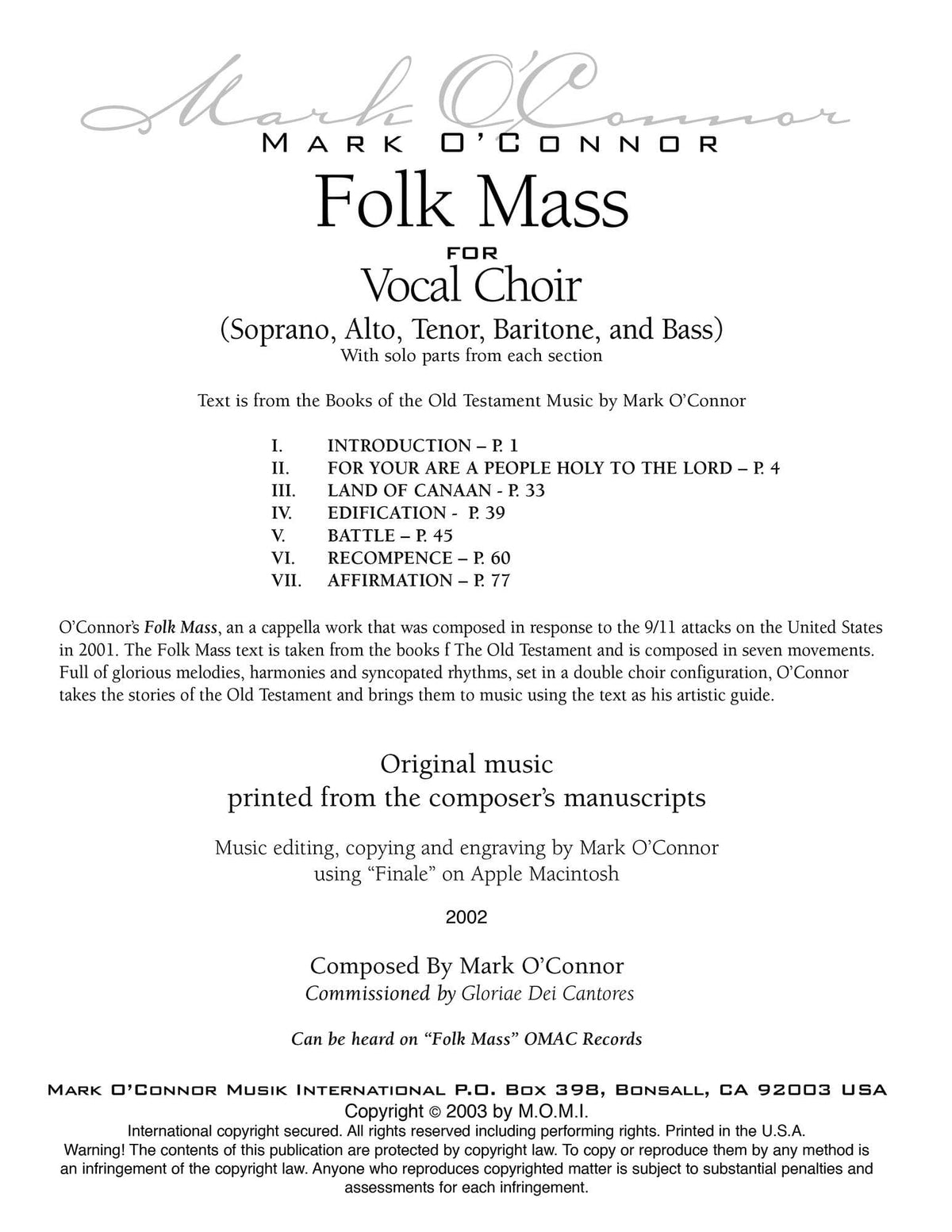O'Connor, Mark - Folk Mass for Choir - Vocal Score - Digital Download