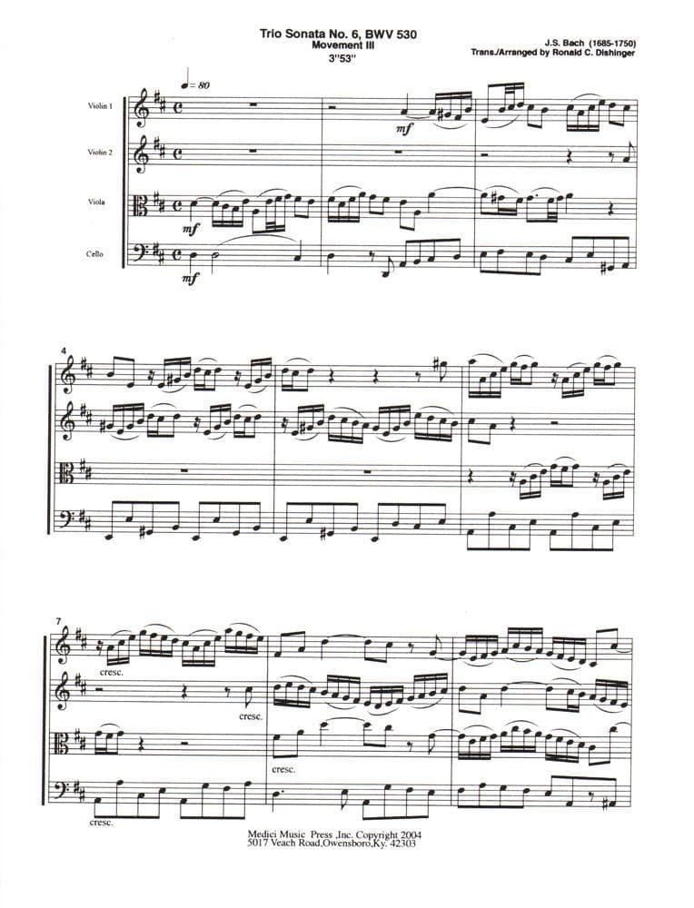 Bach, J.S. - Trio Sonata No. 6 Movement III, from Six Trio Sonatas, BWV 530 - for String Quartet - arr. by Dishinger - Medici Music Press