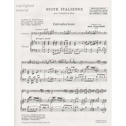 Stravinsky, Igor - Suite Italienne For Cello and Piano Published by Boosey & Hawkes
