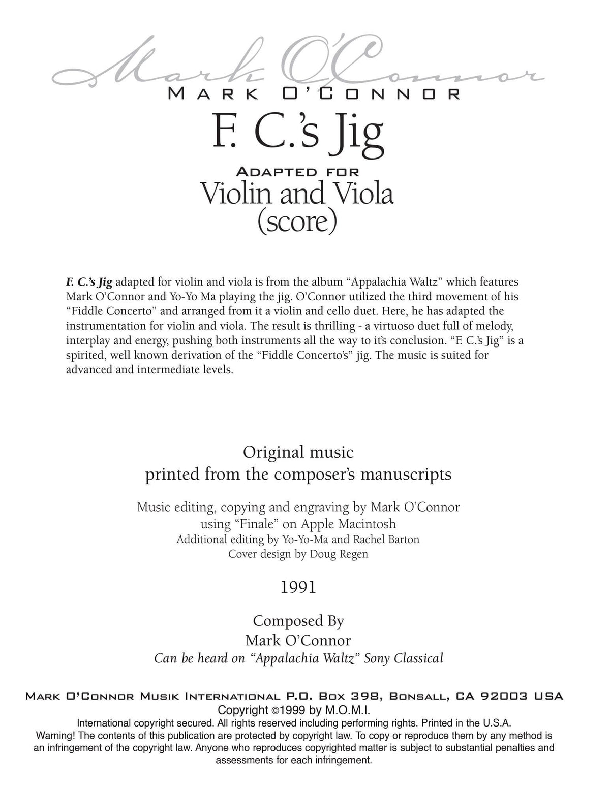 O'Connor, Mark - F.C.'s Jig for Violin and Viola - Score - Digital Download