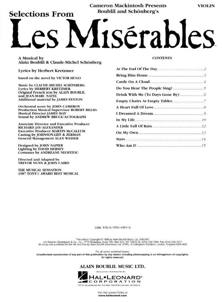 Boublil/Schönberg - Selections from "Les Misérables" - Violin - arranged by Cameron Mackintosh - Hal Leonard Edition