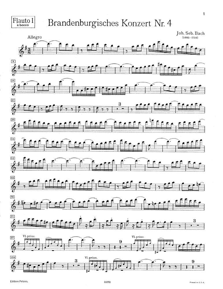 Bach, J.S. - Brandenburg Concerto No. 4, BWV 1049 - Flute 1 Part - Peters Edition