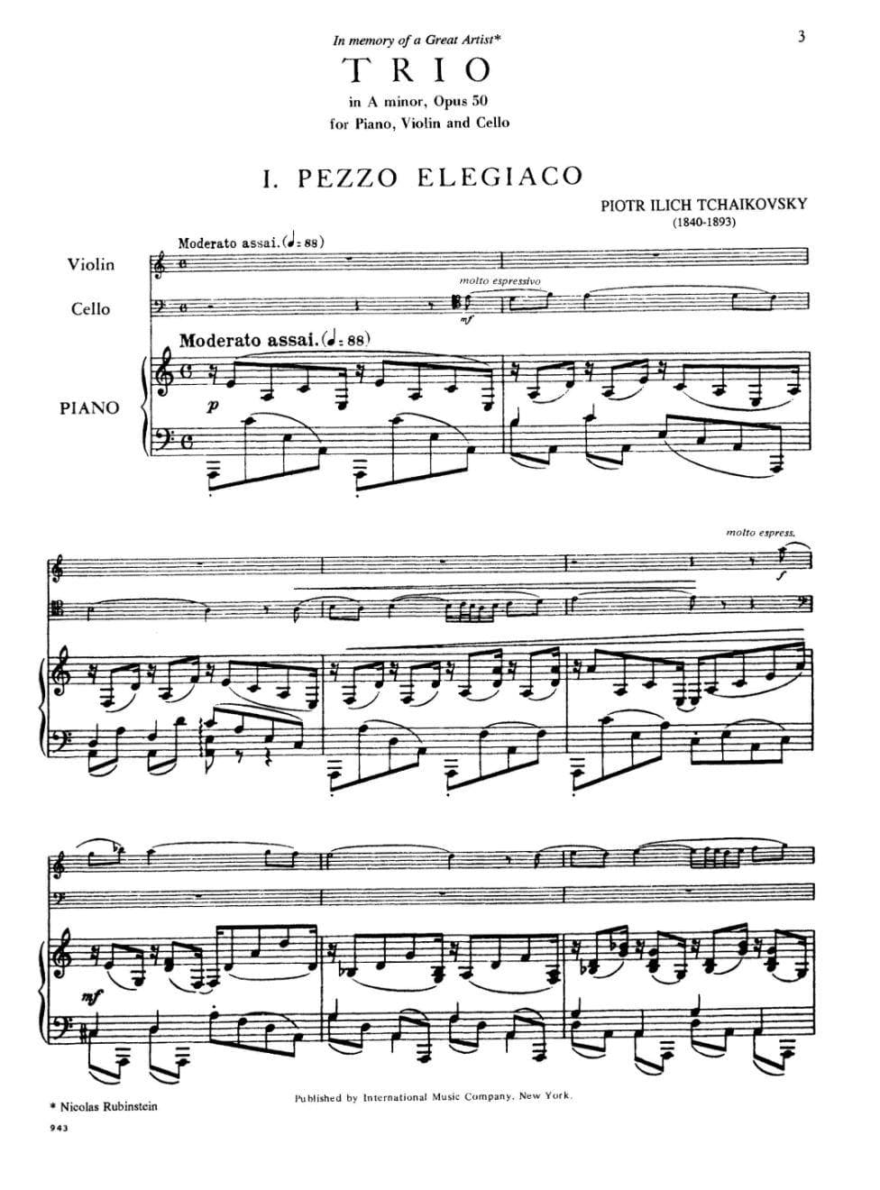 Tchaikovsky, Pyotr Ilyich - Piano Trio in a minor Op 50 For Violin, Cello and Piano Published by International Music Company