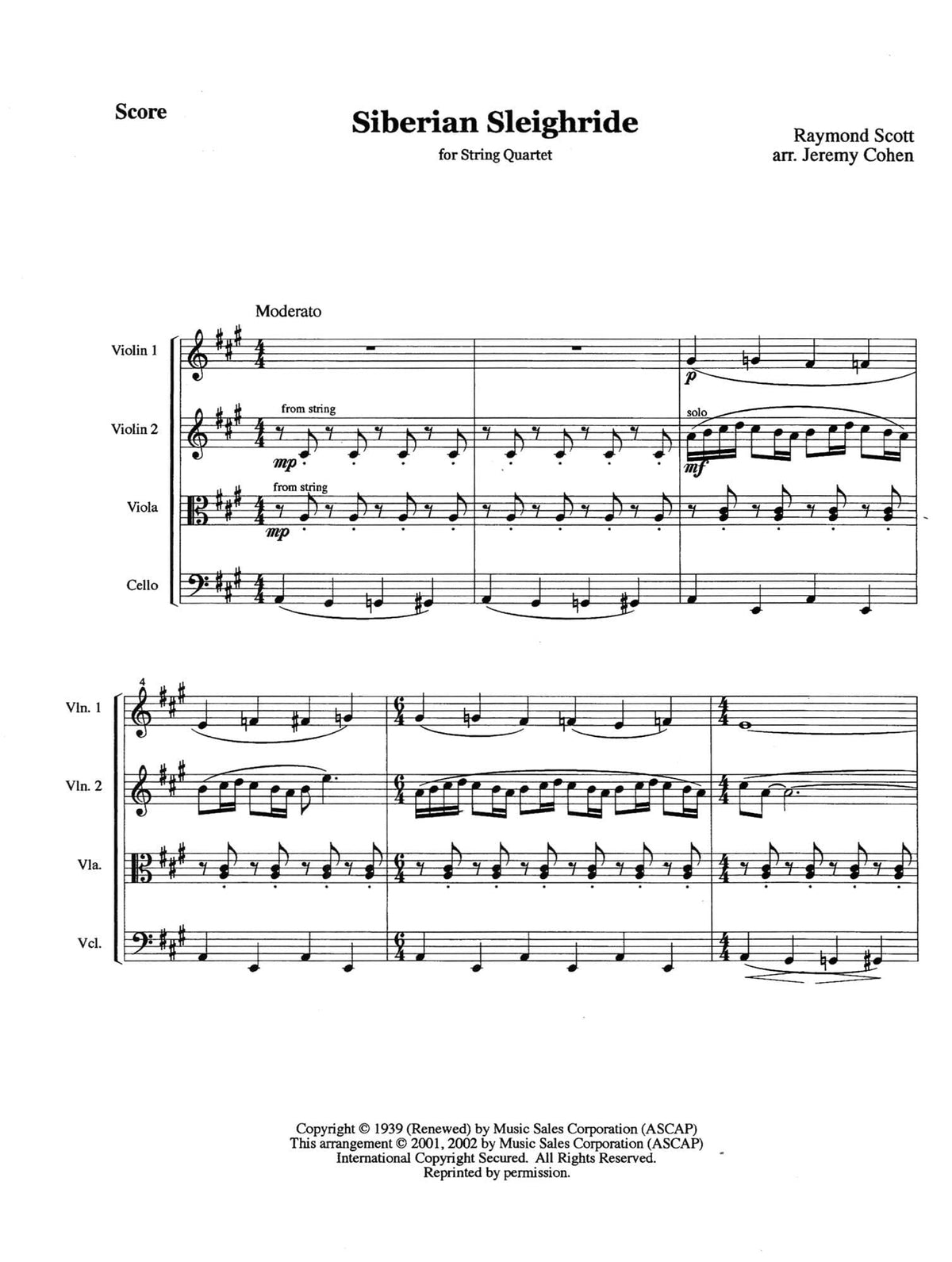 Scott, Raymond - Siberian Sleigh Ride - Raymond Scott Collection - for String Quartet - arranged by Jeremy Cohen - Violinjazz Editions