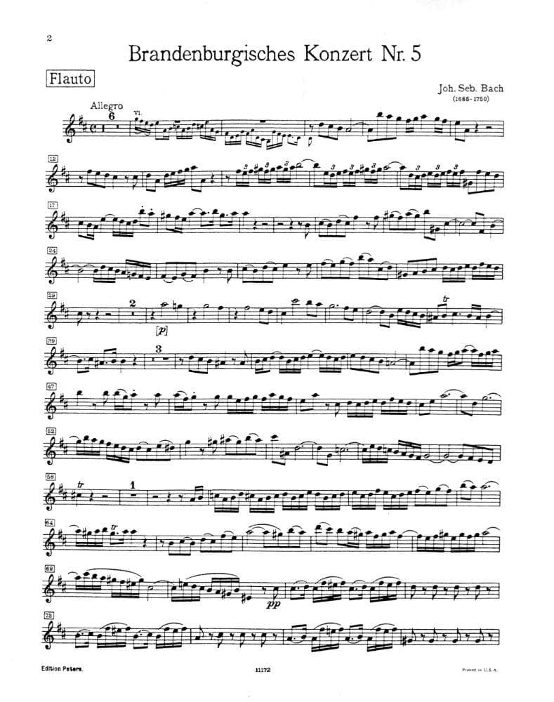 Bach, JS - Brandenburg Concerto No. 5, BWV 1050 - Flute Part - Peters Edition