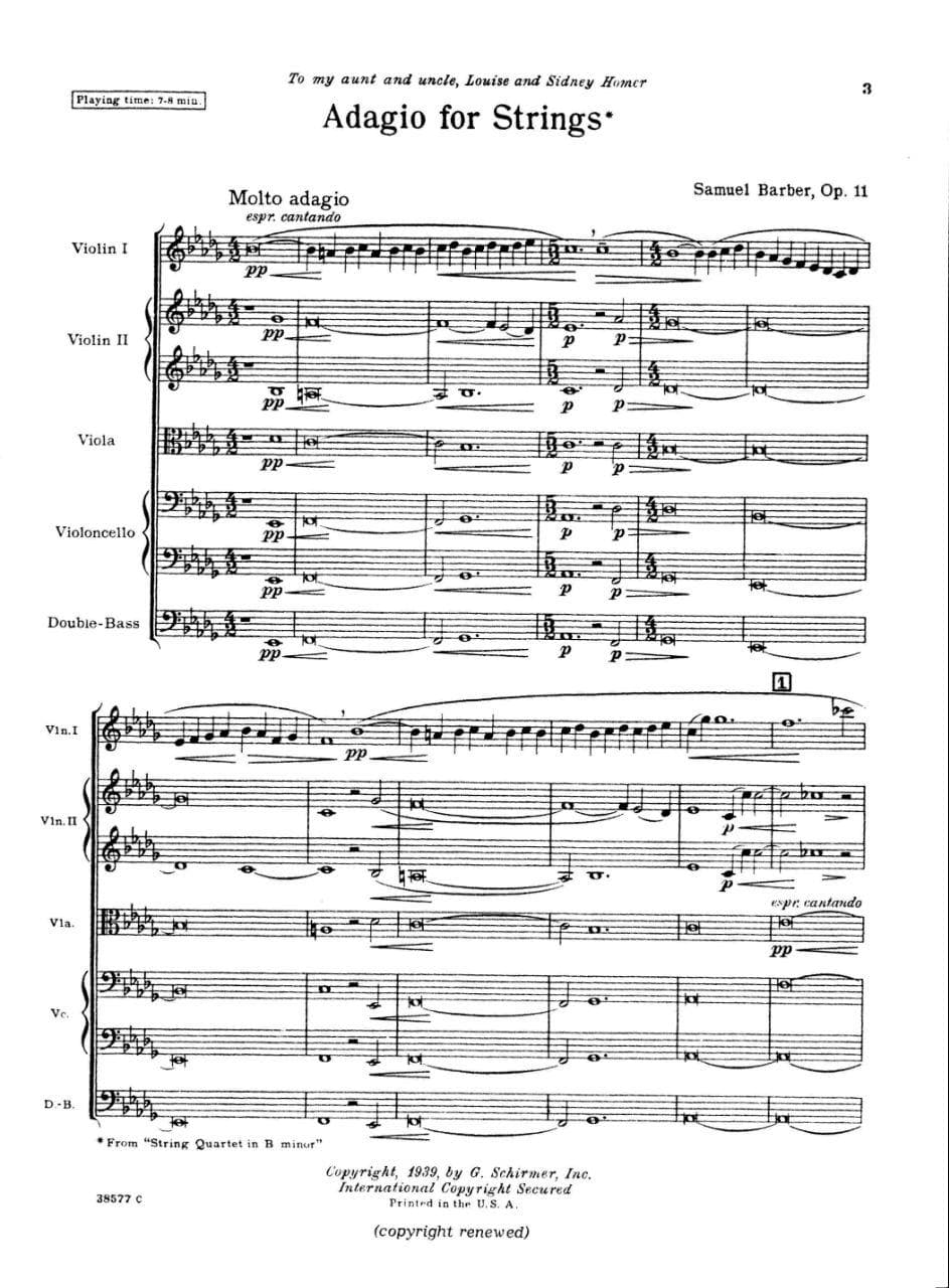 Barber, Samuel - Adagio For Strings Op 11 - Score - Schirmer Edition