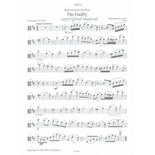 Shostakovich, Dmitri - Romance from the Suite "The Gadfly" - Viola and Piano - arranged by Sue Otty - SJ Music Edition