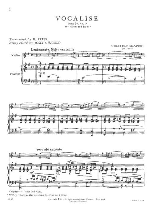 Rachmaninov, Sergey - Vocalise Op 34, No 14 - Violin & Piano - arranged by M Press - edited by Josef Gingold - International Music Company Edition