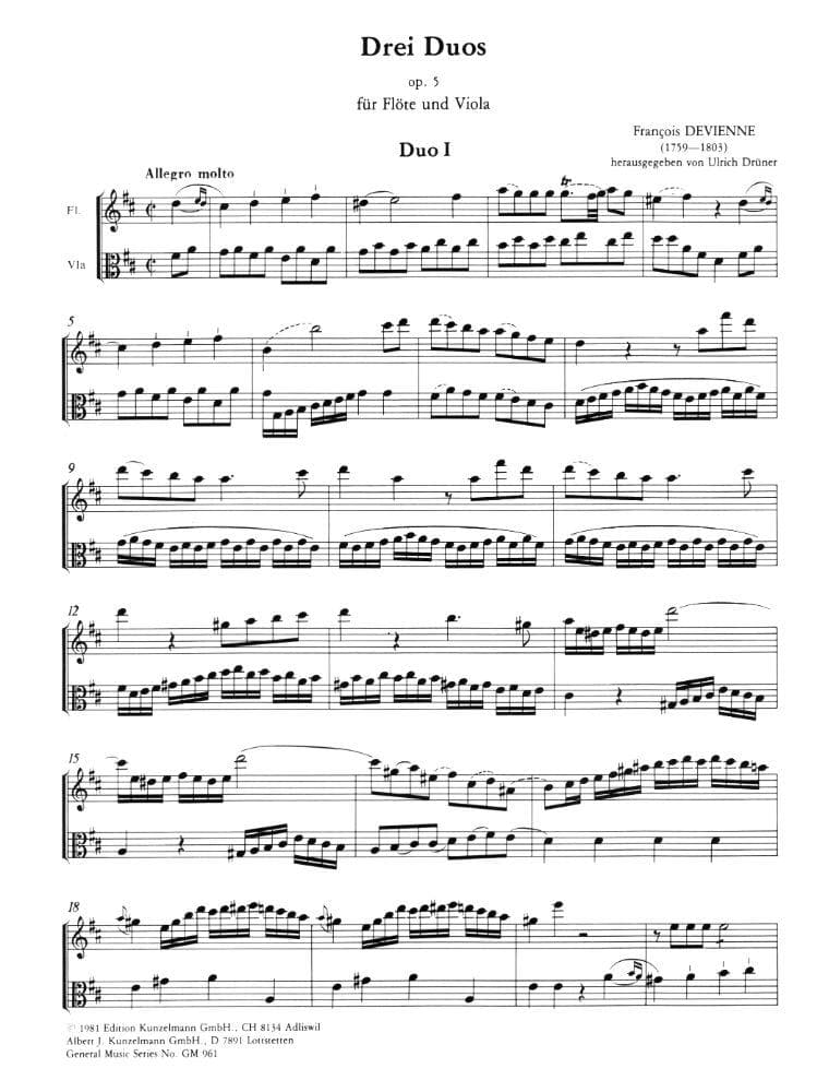 Devienne, François - Three Duos For Flute and Viola, Op 5 - edited by Druener - Kunzelmann Edition