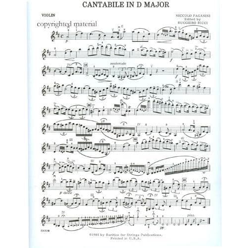 Paganini, Niccolò - Cantabile in D - Violin and Piano - edited by Ruggiero Ricci - Rarities for Strings Publications