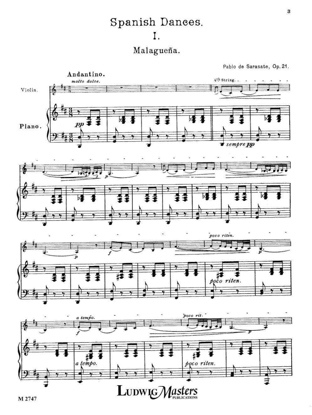 Sarasate, Pablo - Spanish Dances, Volume 1, Op 21 For Violin and Piano Published by Masters Music Publishing Co