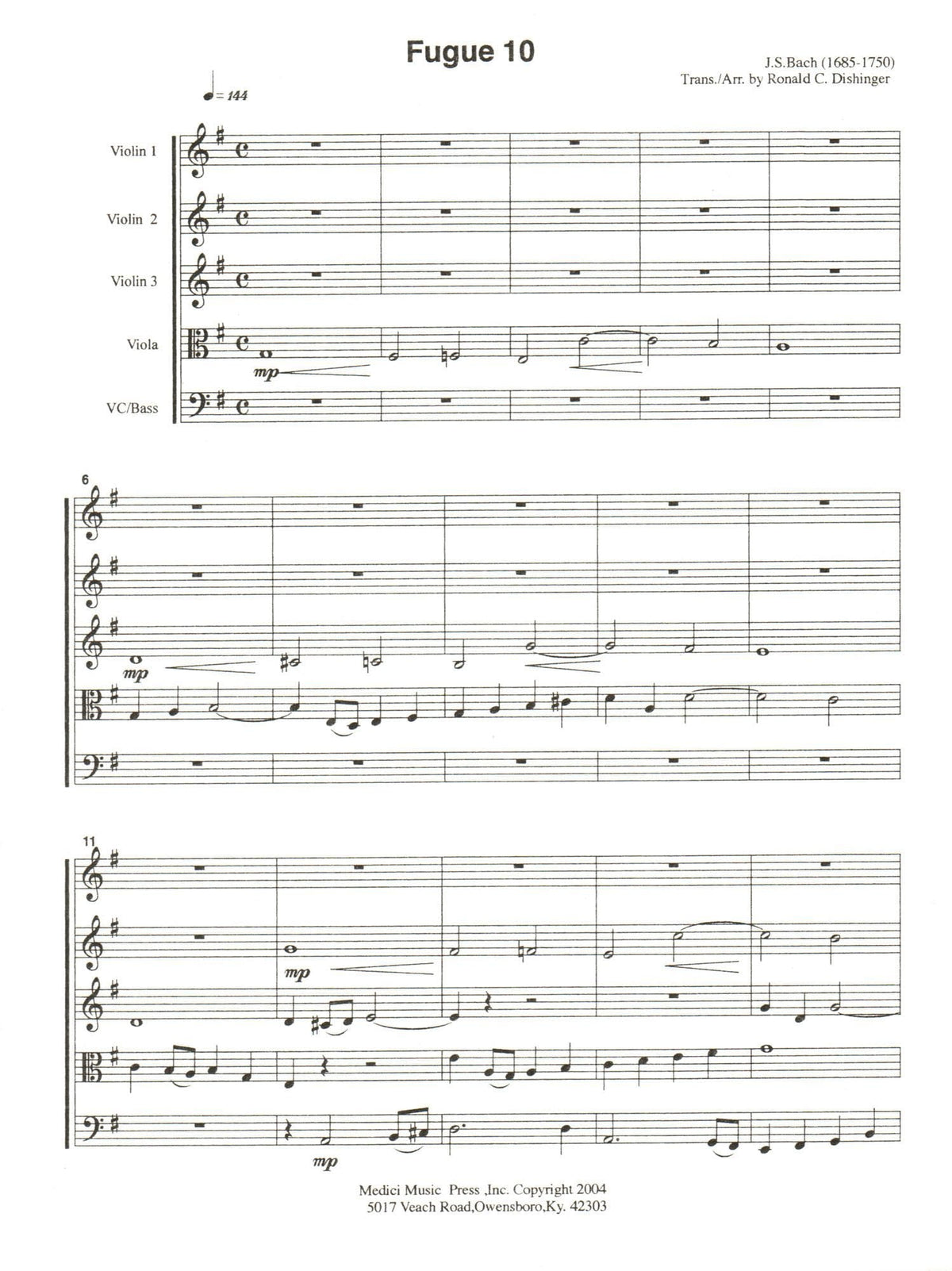 Bach, J.S. - Fugue 10 - for String Quintet or String Orchestra - arranged by Dishinger - Medici Music Press