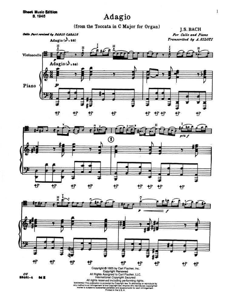 Bach, JS - Adagio From "Toccata in C Major" BWV 564 for Cello and Piano - Arranged by Siloti/Casals - Fischer Edition
