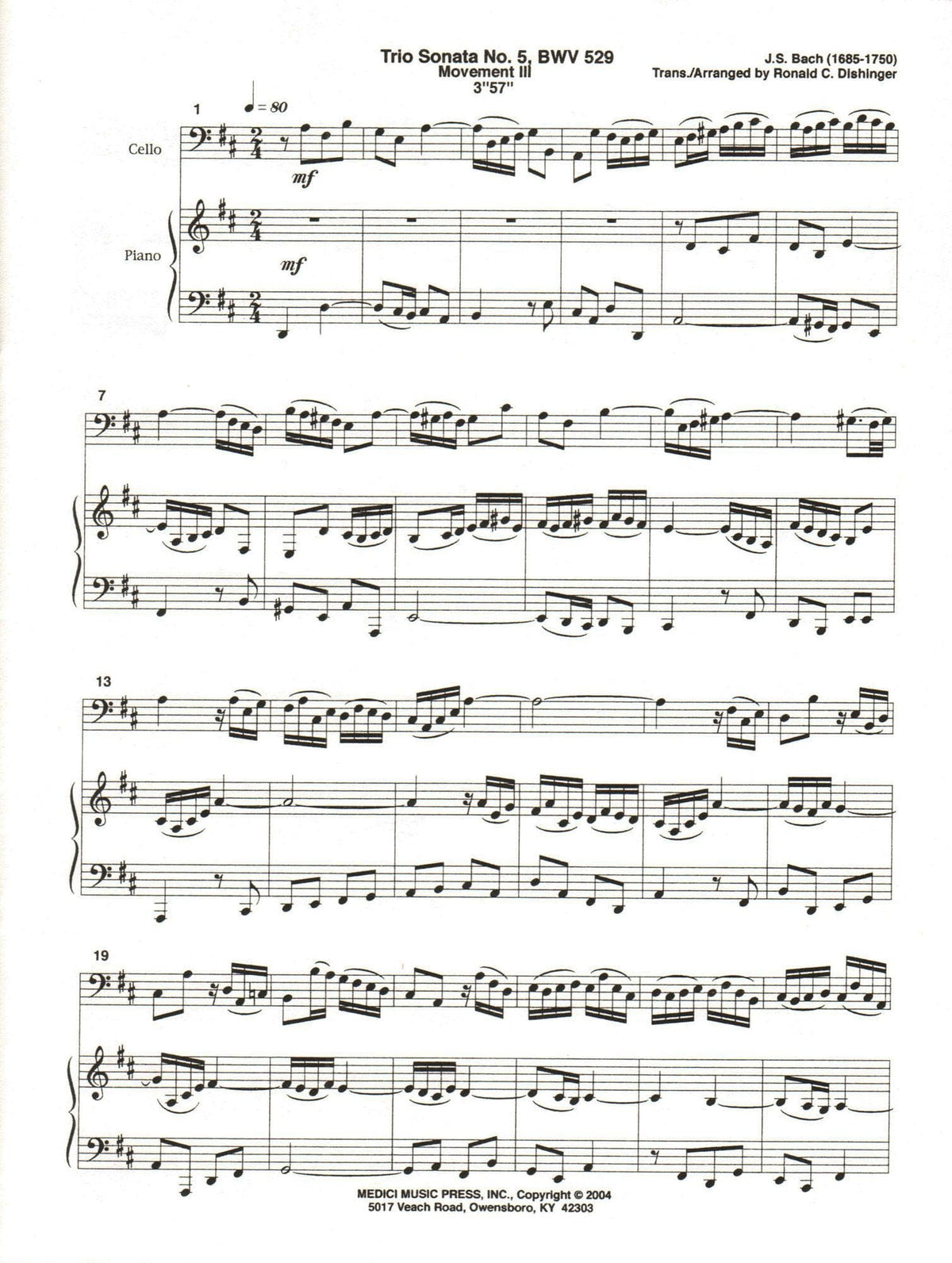 Bach, J.S. - Trio Sonata No. 5 Movement III, from Six Trio Sonatas, BWV 529 - for Cello and Piano - arr. by Dishinger - Medici Music Press