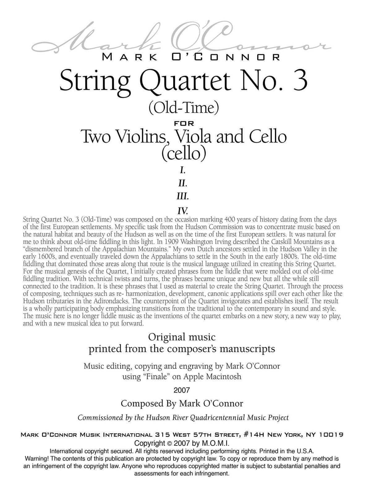 O'Connor, Mark - String Quartet No. 3 (Old-Time) for 2 Violins, Viola, and Cello - Cello - Digital Download