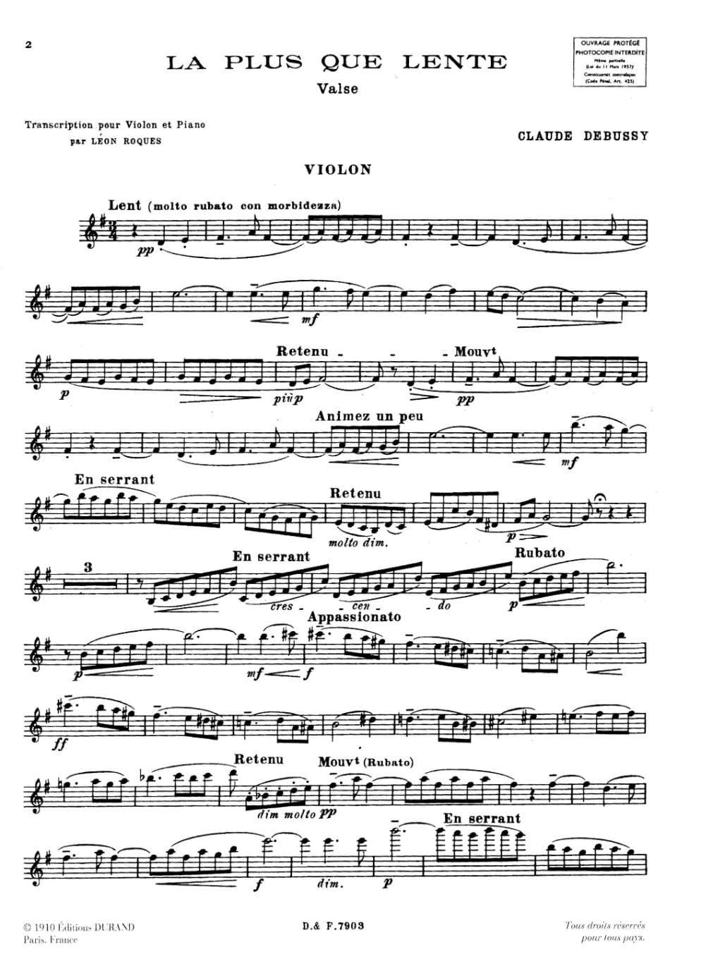 Debussy, Claude - La Plus Que Lente for Violin and Piano - Durand Edition