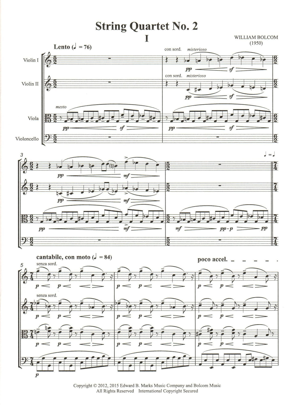 Bolcom, William - String Quartet No. 2 - Score and Parts - Edward B. Marks Music Company