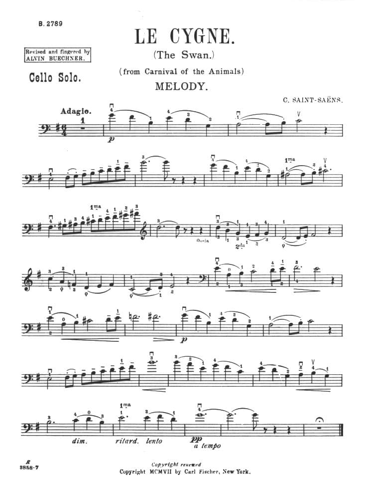 Saint-Saens, Camille - The Swan from "The Carnival of the Animals" - for Cello and Piano - edited by Buechner - Carl Fischer
