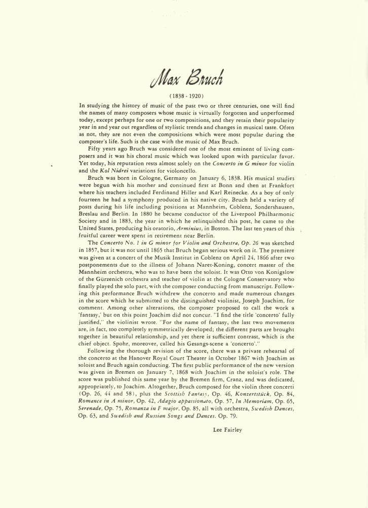 Bruch, Max - Concerto No 1 in G Minor, Op 26 - for Violin and Piano - arranged by Zino Francescatti - International Edition
