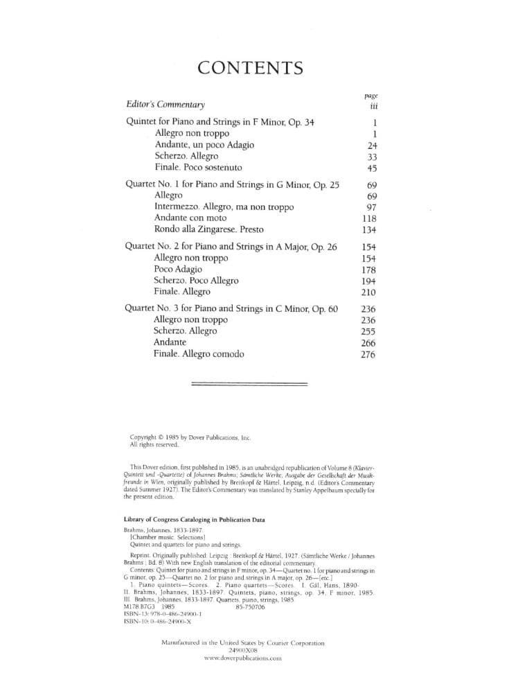 Brahms, Johannes - Quartets and Quintets For Piano And Strings Score - Dover Publication
